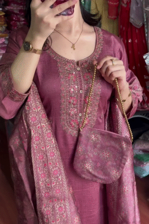 Pink Ethnic Motifs Printed Straight Sequinned Organza Kurta with Trousers & Dupatta