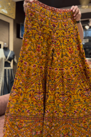 yellow georgette plazzo blouse set with heavy thread embroidery