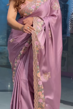 onion colour satin saree with heavy handwork