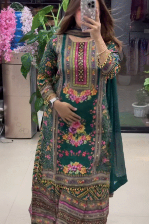 🌿💖 Elegant Green Floral Print Suit with Dupatta 💖🌿