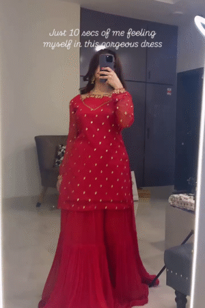 ❤️✨ Gorgeous Red Sharara Suit with Golden Embroidery 👗💃