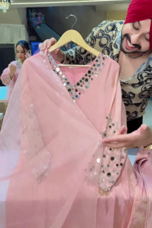 Pastel Pink Shimmer Silk Straight Suit | Heavy Mirror Work ✨