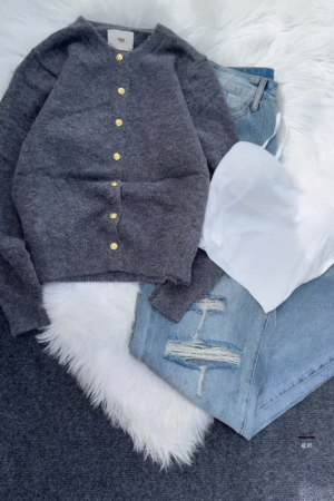 💙 Enfir Pop: Gold-Button Cardigan & Distressed Denim Set