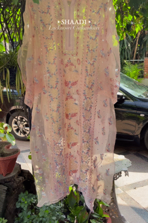 pink colour heavy chikankari suit set with koti