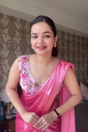 Elegant Pink Satin Saree with Floral Blouse – Soft Party & Festive Wear