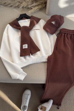 Brown & White Casual Tracksuit Co-Ord Set for Women – Stylish Winter Lounge Wear