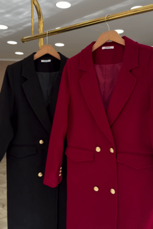 Double-Breasted Blazer Dress for Women – Classic Black & Maroon Formal Wear