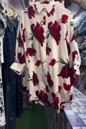 Women Cream Base Red Rose Floral Printed Long Shirt | Elegant Casual Tunic