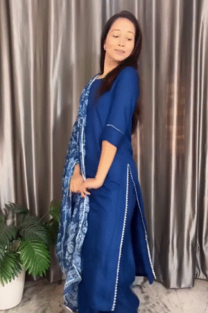 Midnight Blue Straight Kurta Set with Printed Dupatta