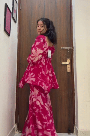 Ruby Bloom Printed Co-Ord Set – Elegant Peplum & Flared Skirt