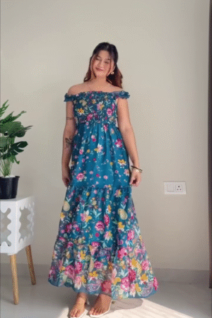 Teal Bloom Off-Shoulder Maxi Dress