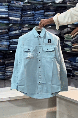 Stylish Light Blue Denim Shirt for Men – Casual Printed Button-Down Shirt