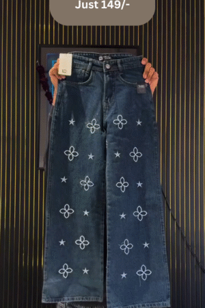 Trendy Blue Wide-Leg Printed Denim Jeans for Women
