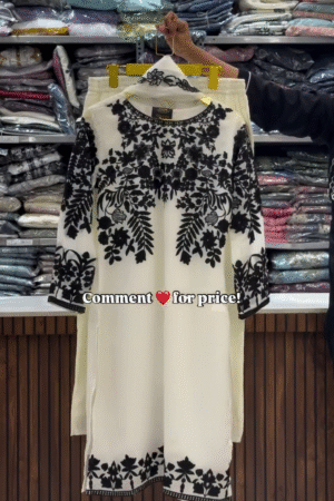 Elegant White Kurti Set with Black Floral Embroidery – Classic Ethnic Wear