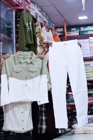 Stylish Olive & White Color-Block Jacket with White Jeans – Trendy Casual Co-Ord Set