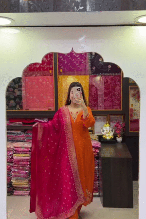 Vibrant Orange Kurta Set with Pink Embroidered Dupatta