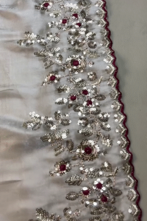 Elegant Silver Sequin Floral Border with Ruby Accents