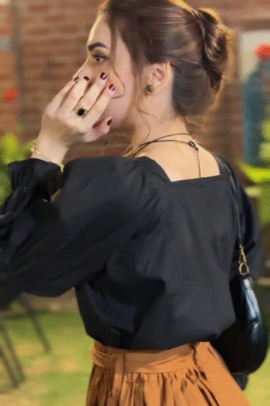 Classic Black Blouse with Cinnamon High-Waisted Skirt